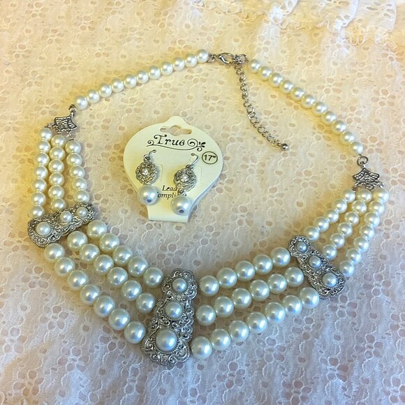 Vintage NEW True Pearl Silver Tone Floral Pendant Earrings VTG Pearl Necklace - Picture 3 of 8